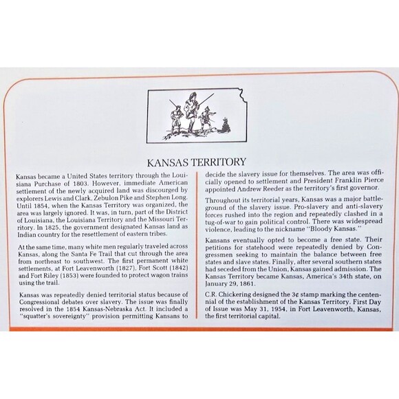 Kansas Territory Centennial 1954 First Day Cover Stamp - Picture 3 of 3